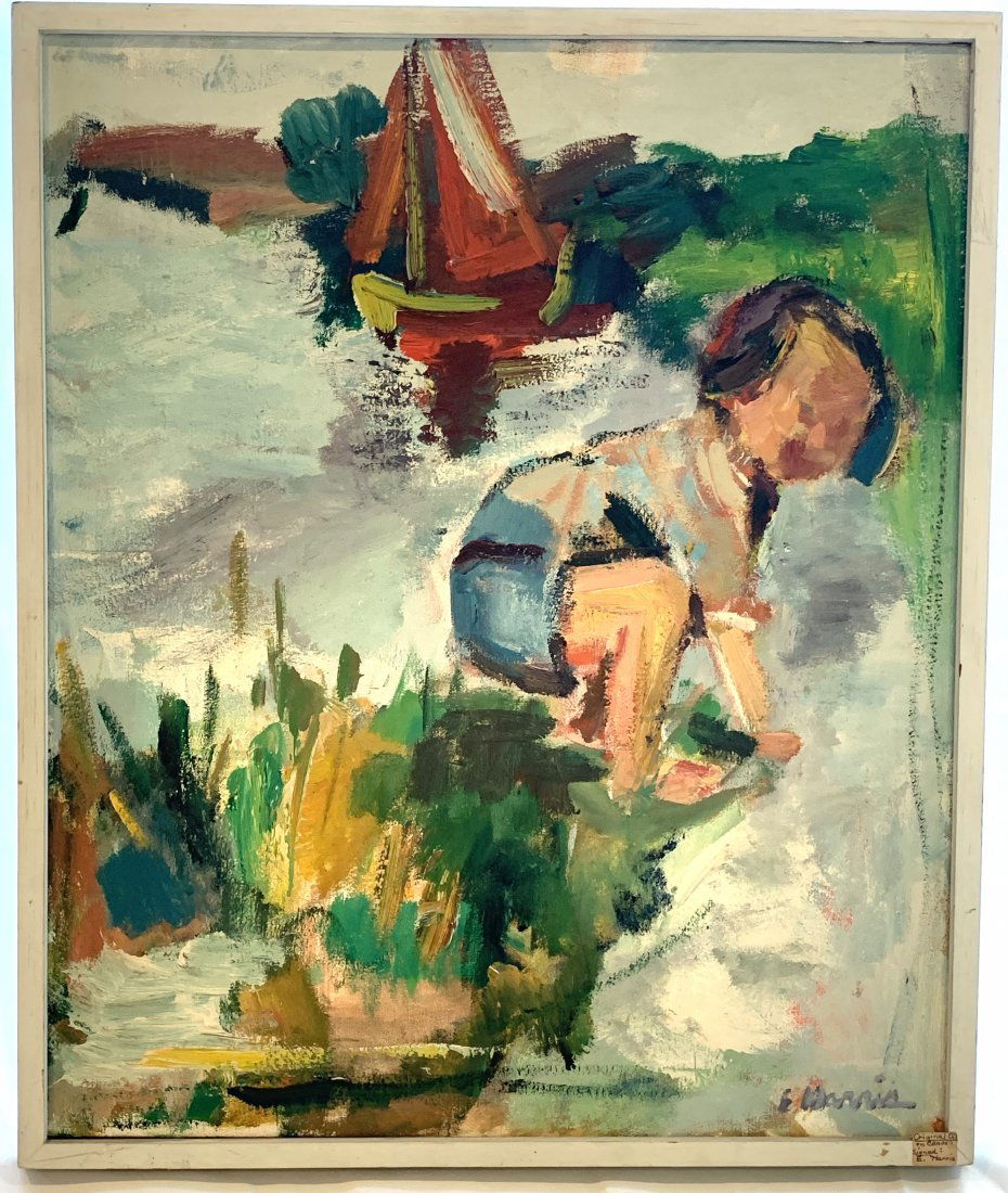 E Harris Original Oil on Canvas. Boy and Sailboat (1 of 3)