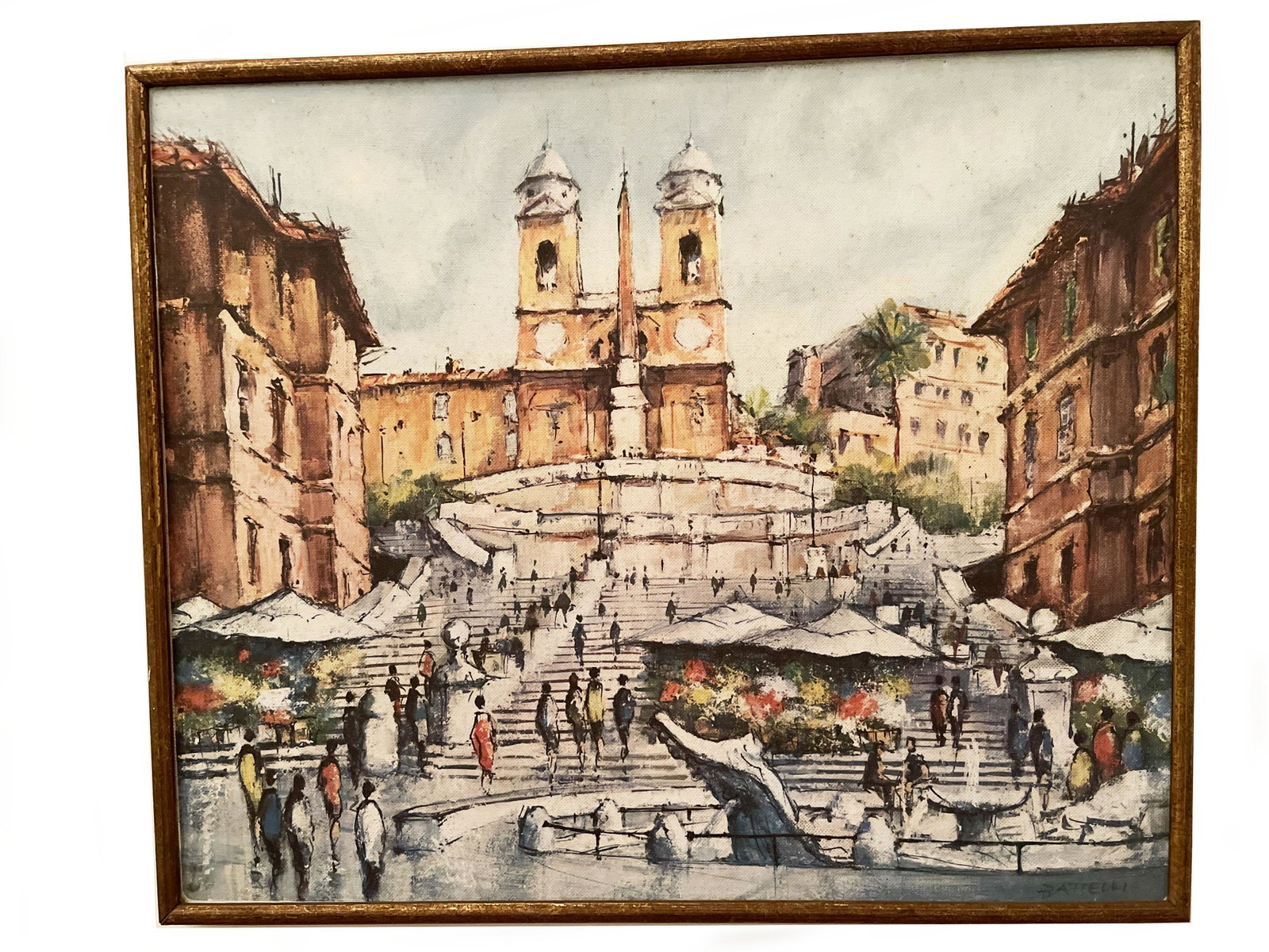 Signed Batielli Original Oil 16 x 13 Water: Signed Batielli Original Oil 16 x 13 Water Fountain/Stairs; From the prominent New London, CT Esposito Family Collection, LOCATED AND SHIPPING FROM FARMINGTON, CT.