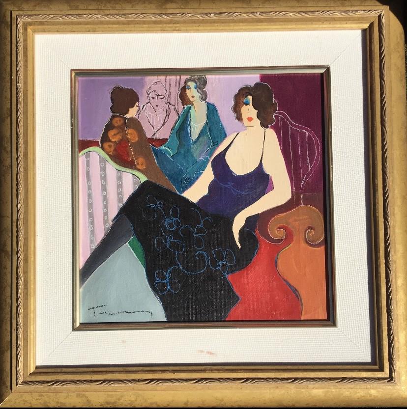 Tarkay Original Acrylic on Canvas by Tarkay: Original Acrylic Painting on Canvas by Itzchak Tarkay Frame Measures 17in H x 17in WCanvas is ~10.5in H x 10.5in W