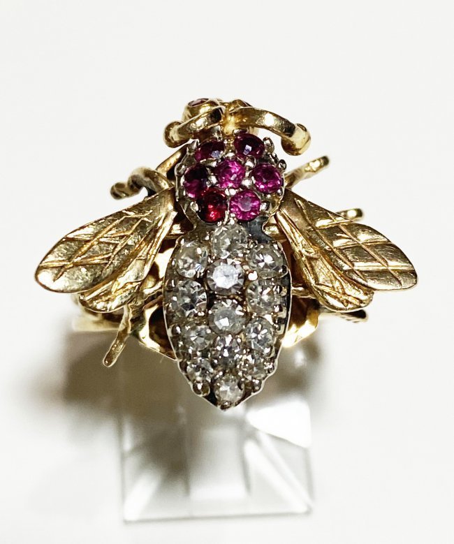 14K Yellow Gold Bee Diamond Ring with Gemstones (1 of 5)