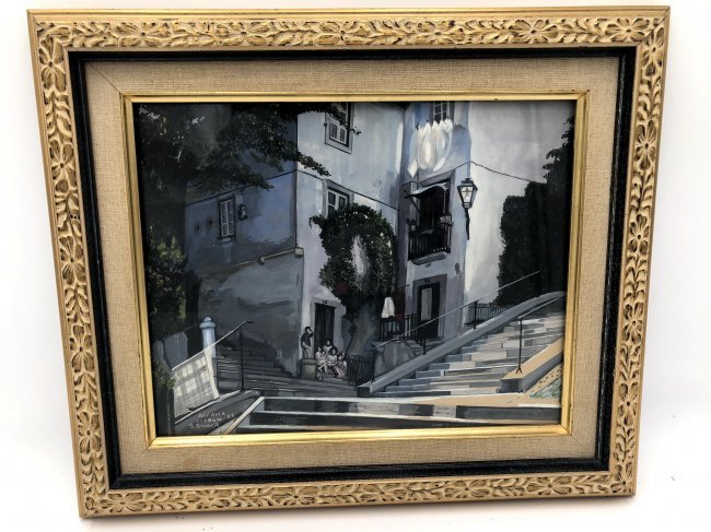 Alfama Lisbon Painting by S. SInger: Painting of Alfama Libson signed Stanley Singer. After selling his small oil company in Oklahoma, Stanley Singer moved to Paris to learn how to cook, he returned to the U.S. landing in Mexico where he