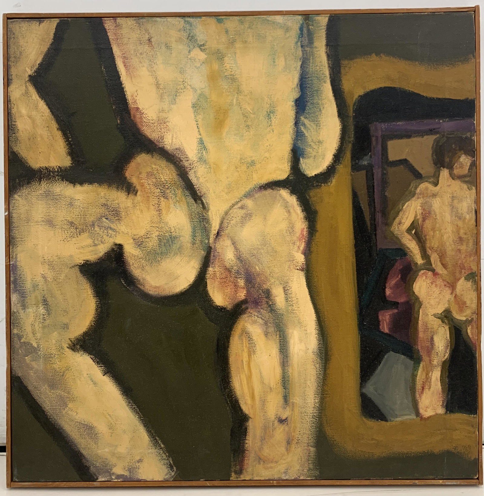 Abstract Nude Male Painting by Lorraine Marcus: Abstract Nude Male Painting by Lorraine Marcus ~24 1/2in W x 24 1/2in. Lorraine Marcus was a graduate of Pratt Institute in New York City. Her abstract style was influenced by Jan Saether of Los Angel