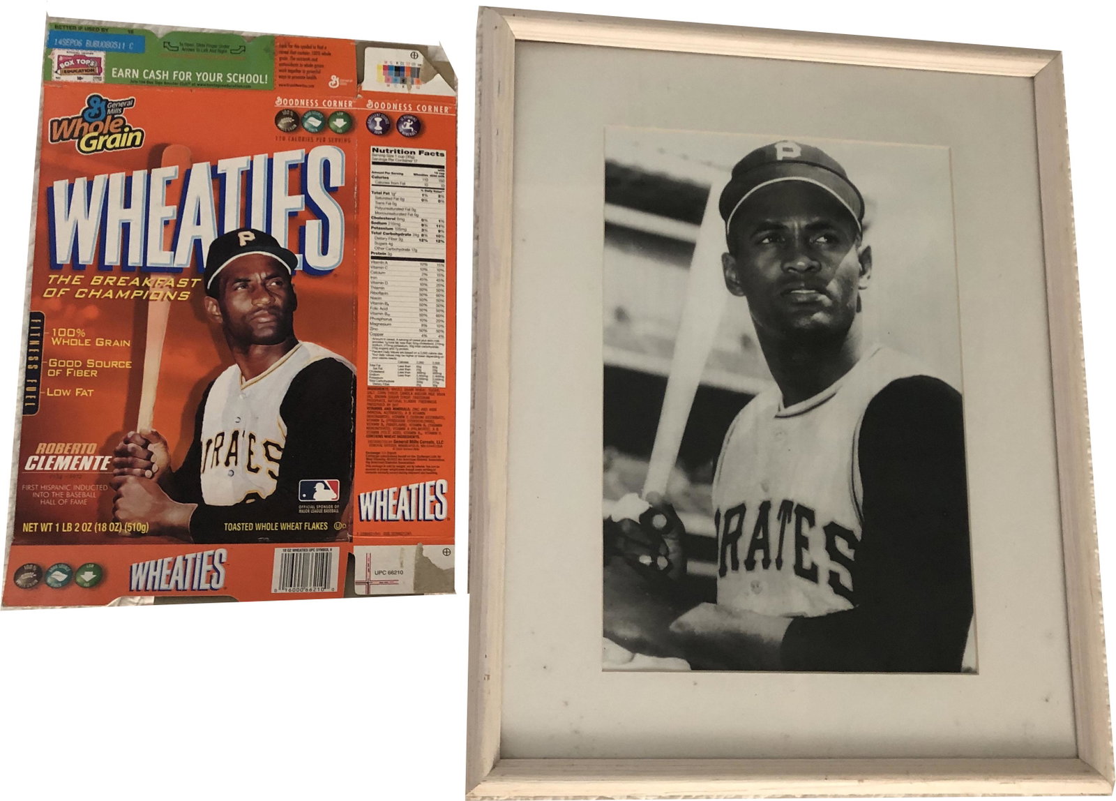 Roberto Clemente-Pirates Wheaties Box & Photo: Roberto Clemente-Pirates Wheaties Box & Black/White Photo with Roberto Clemente in batting postion Framed; AVAILABLE FOR LOCAL PICK UP IN CONNECTICUT