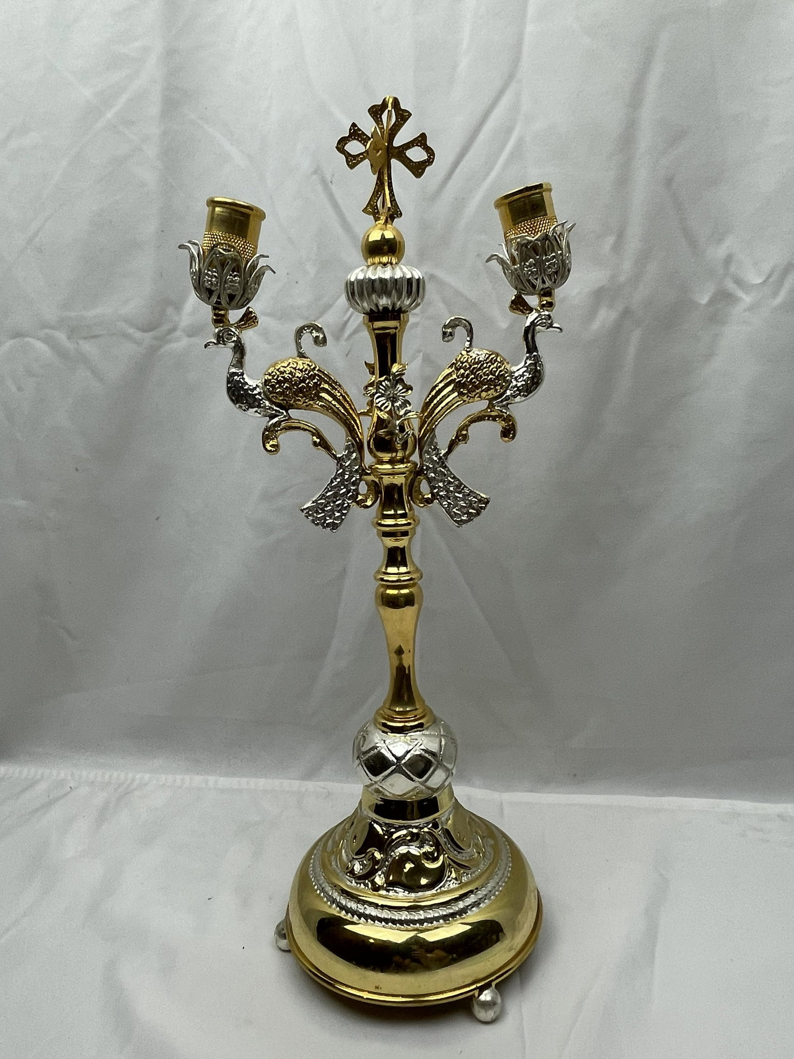 Ecclesiastic Gold and Silver Tone 2-Candle holder: Ecclesiastic Gold and Silver Tone 2-Candle holder; Provinance: St Panteleimon St Nectarios & St Barbara Greek Orthodox Church; Sized: 15.5" H x 7" W; THIS LOT IS LOCATED AND SHIPPING FROM FARMINGTON, 