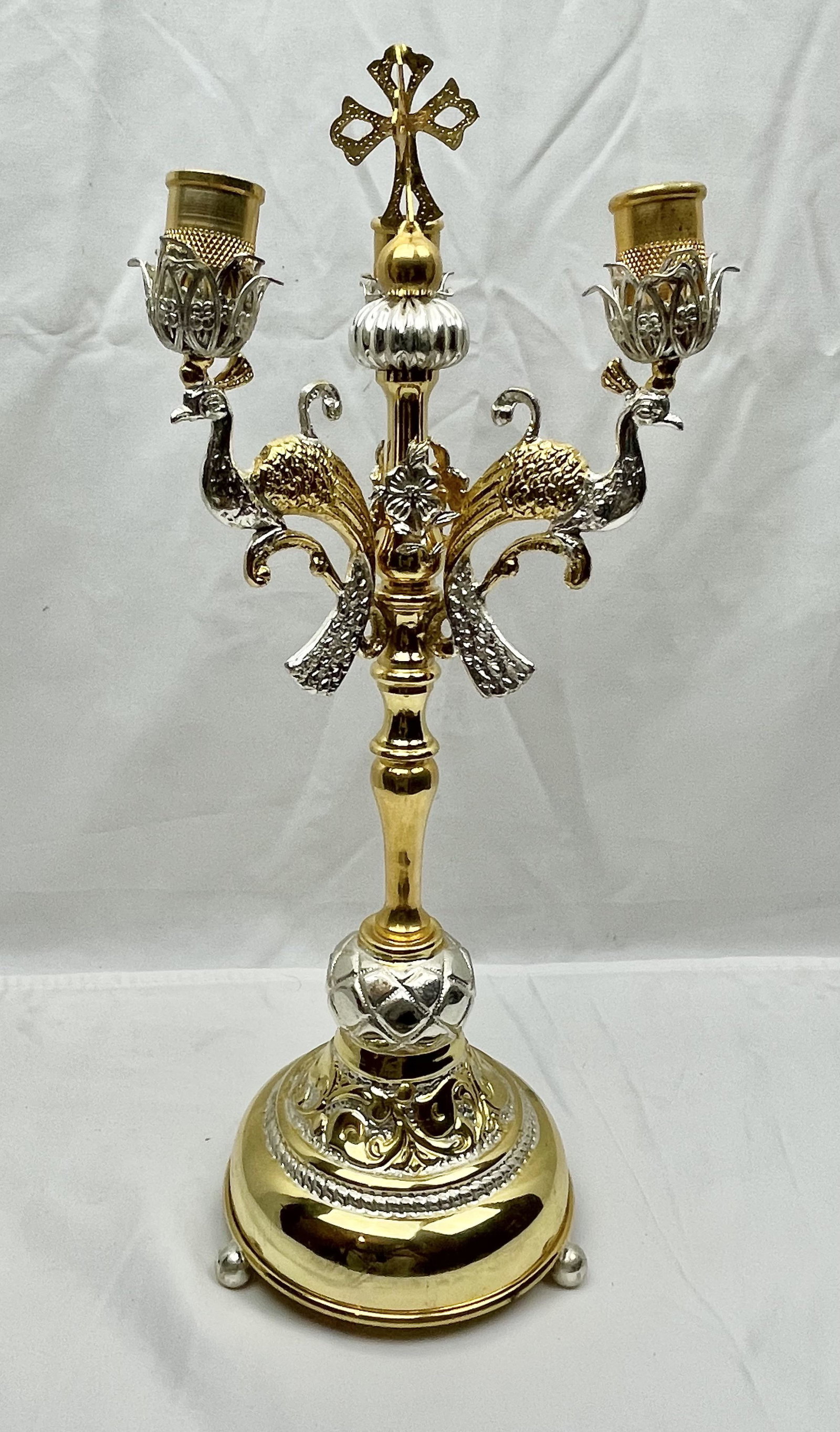 Ecclesiastic Gold and Silver Tone 3-Candle holder: Ecclesiastic Gold and Silver Tone 3-Candle holder; Provinance: St Panteleimon St Nectarios & St Barbara Greek Orthodox Church; Sized: 15.5" H x 6" W; THIS LOT IS LOCATED AND SHIPPING FROM FARMINGTON, 