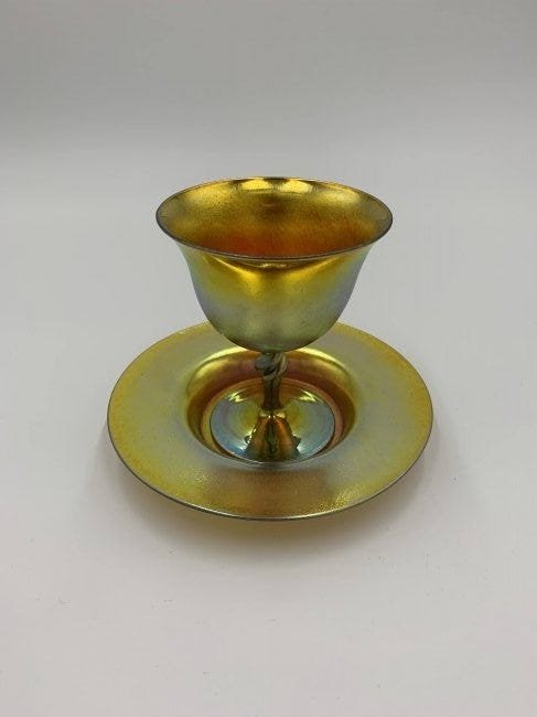 Signed Steuben Aurene Art Glass Goblet/ Saucer (1 of 3)