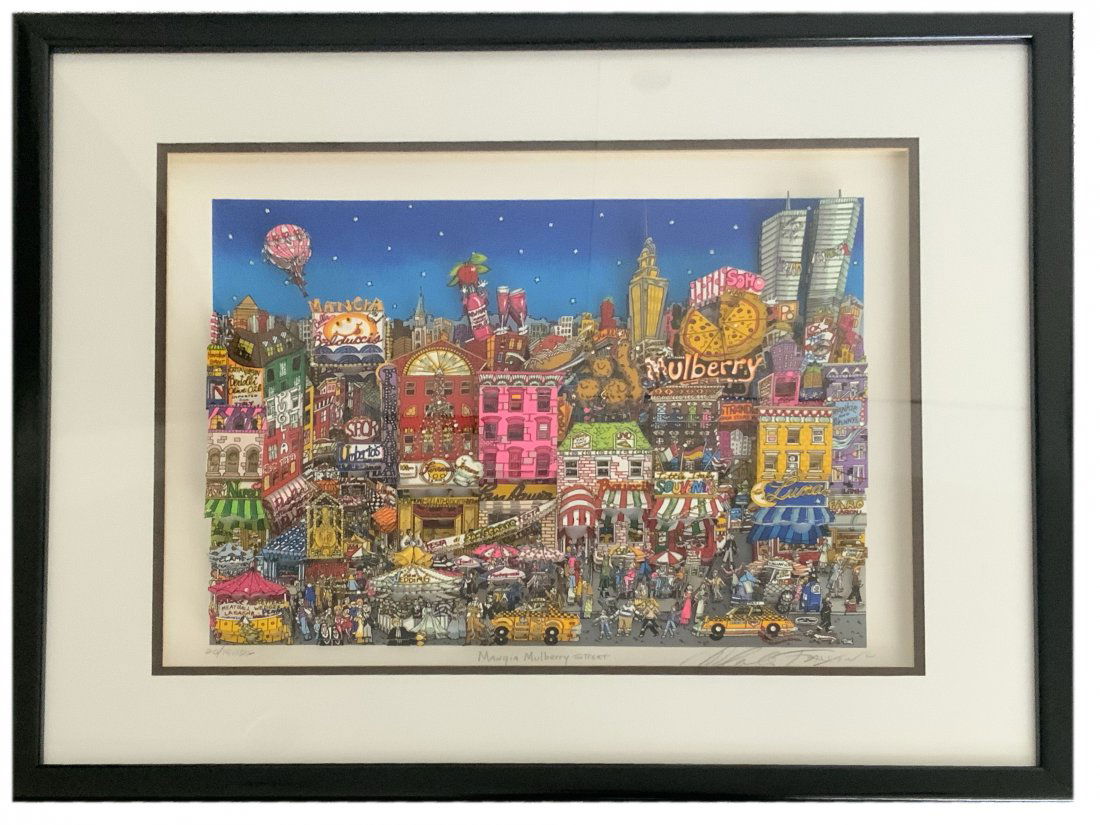 Charles Fazzino "Mangia Mulberry Street" 3D Art: Charles Fazzino "Mangia Mulberry Street" 3D Art, pencil signed & numbered. Includes the World Trade Center. This piece has been retired.Medium: Mixed Media, 3-DimensionSigned: Pencil signed, titled &