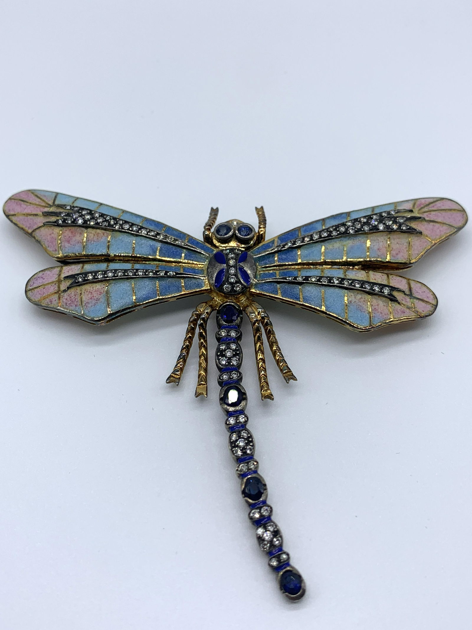 18kt Gold Enameled Diamond and Saphire Dragonfly Brooch (1 of 3)