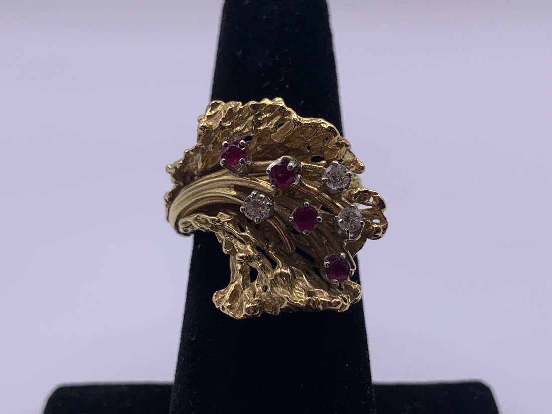 18kt Yellow Gold  Diamond and Ruby Wave Ring (1 of 3)