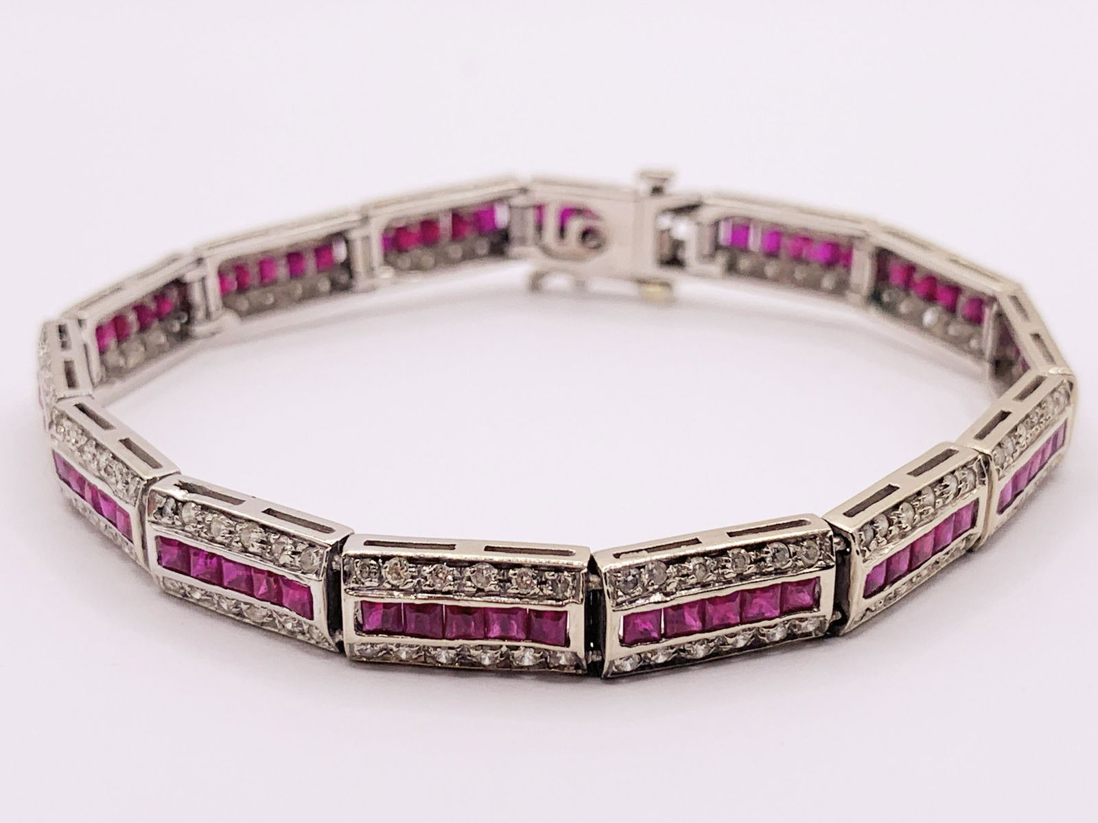 14kt White Gold Diamond Pink Gem Bracelet (1 of 3)