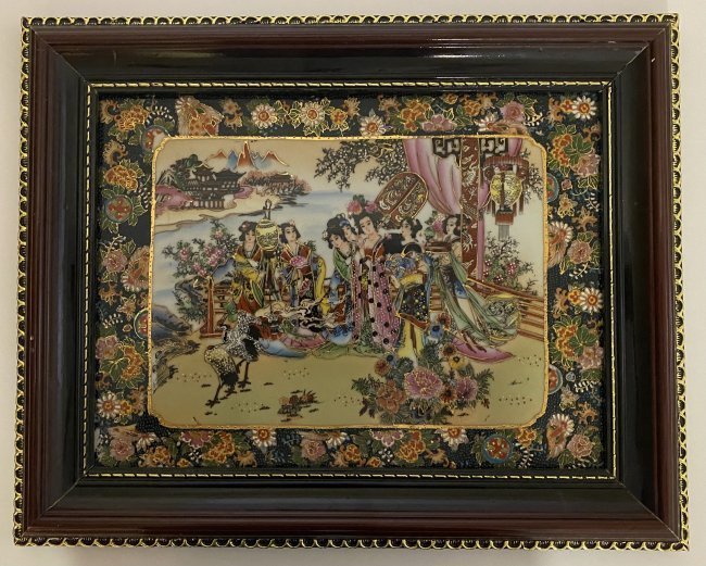 Asian Art on Tile: Asian Art on Tile. 20.5" x 16.5" with frame.
