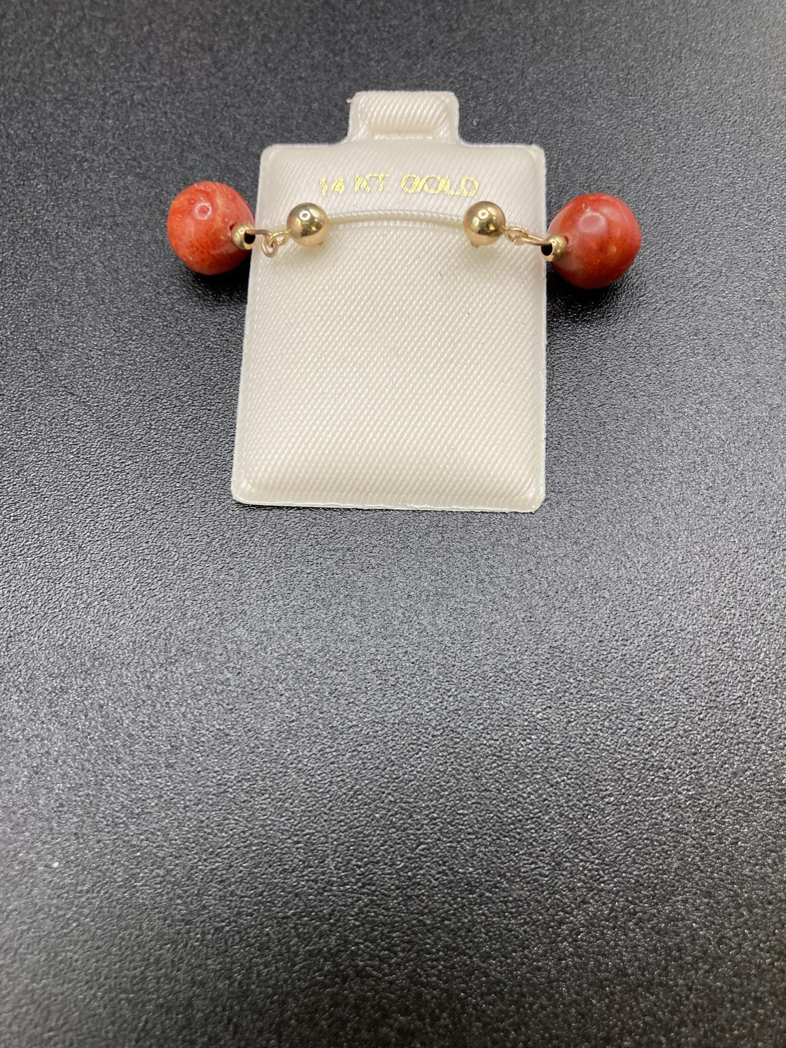 14k Gold Red Coral Ball Dangle Earrings (1 of 1)