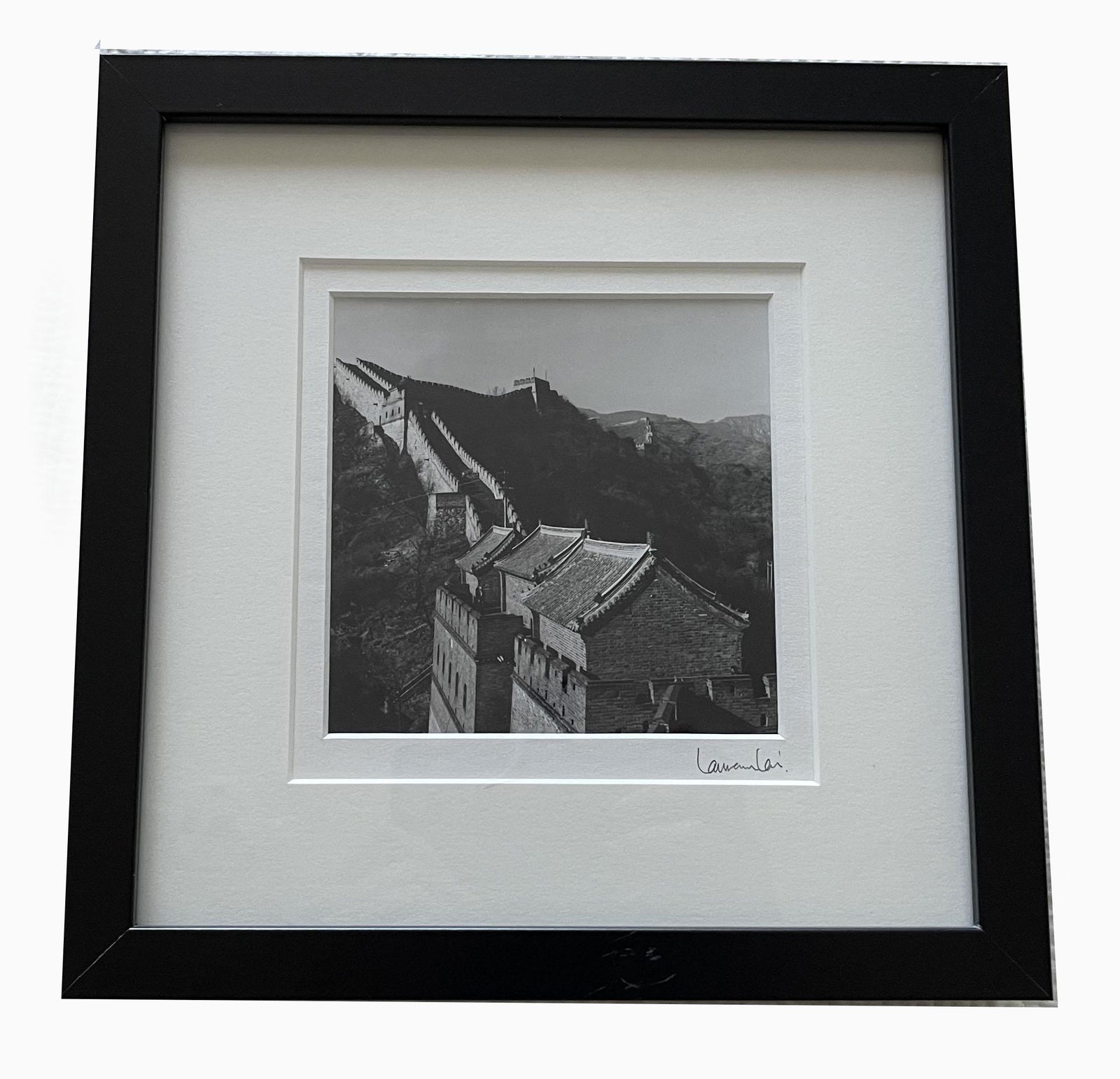 Laurence Lai "Great Wall China" (2006) B/W Original: Laurence Lai "Great Wall China" (2006) B/W Original Photo; Framed "great wall, china"(2006) signed by artist Laurence Lai, B/W original, back of print is adorned with the Laurence Lai gallery label.;