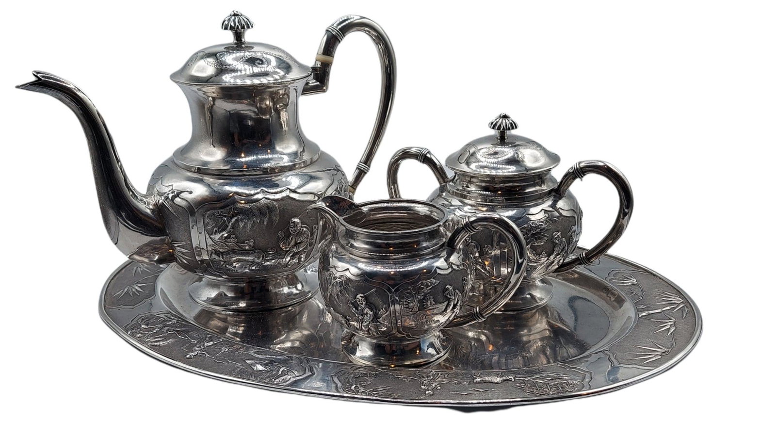 Chinese Tien Tsin Export Sterling Silver 4pc Tea Set (1 of 17)