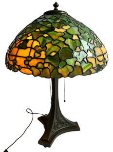 Duffner and Kimberly Art Glass 23" Table Lamp: American Leaded Glass 23" Table Lamp by Duffner & Kimberly Studios in New York Cir. 1910. Three bulb sockets with each it's own draw cord. Various hues of greens and yellows like the sun through ivy.