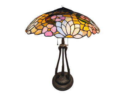 Handel 23" Art Glass Lamp w/ Floral Pattern Shade: Handel 23.5" Table Lamp has a Floral Pattern Shade.The bronze base of this 23.5" tall lamp carries The fabric tag of "Handel Lamps", authenticating it is from the Handel Lamp Company. These lamps are