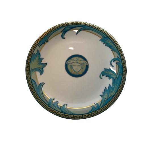 Rosenthal x Versace "Arabesque" 7" Plate: Rosenthal x Versace "Arabesque" 7" Plate - Blue Arabesque floral motif around edges with Versace's Medusa head logo in center. Measures 7". Bears Rosenthall/Versace mark on back. Versace and Rosenthal