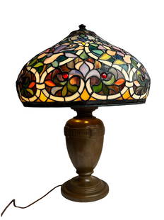 Handel 24" Lamp w/ Multicolor Leaded Art Glass Shade: Handel 24" Lamp w/ Leaded Art Glass Shade.The bronze base of this 24" lamp is stamped with "Handel", authenticating it is from the Handel Lamp Company. These lamps are known for their exceptional craf