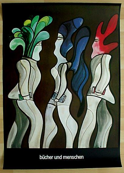 Jan Lenica - Advertisment Poster "BÃ¼cher und Menschen (Books and People)": Advertisement with the title "BÃ¼cher Und Menschen (Books and People)" in German features three abstracted figures walking (towards each other), illustrated in undulating/curvilinear panes of color,