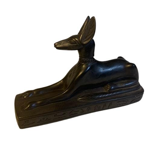 Egyptian Signed Bronze Sculpture of Anubis as a Jackal: Anubis is an Eqyptian diety believed to be the god of death, mummification, embalming, the afterlife, cemeteries, tombs, and the Underworld. In ancient Egyptian religion, usually depicted as a jackal 
