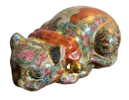 Chinese Painted Floral Porcelain Sleeping Cat (1 of 8)