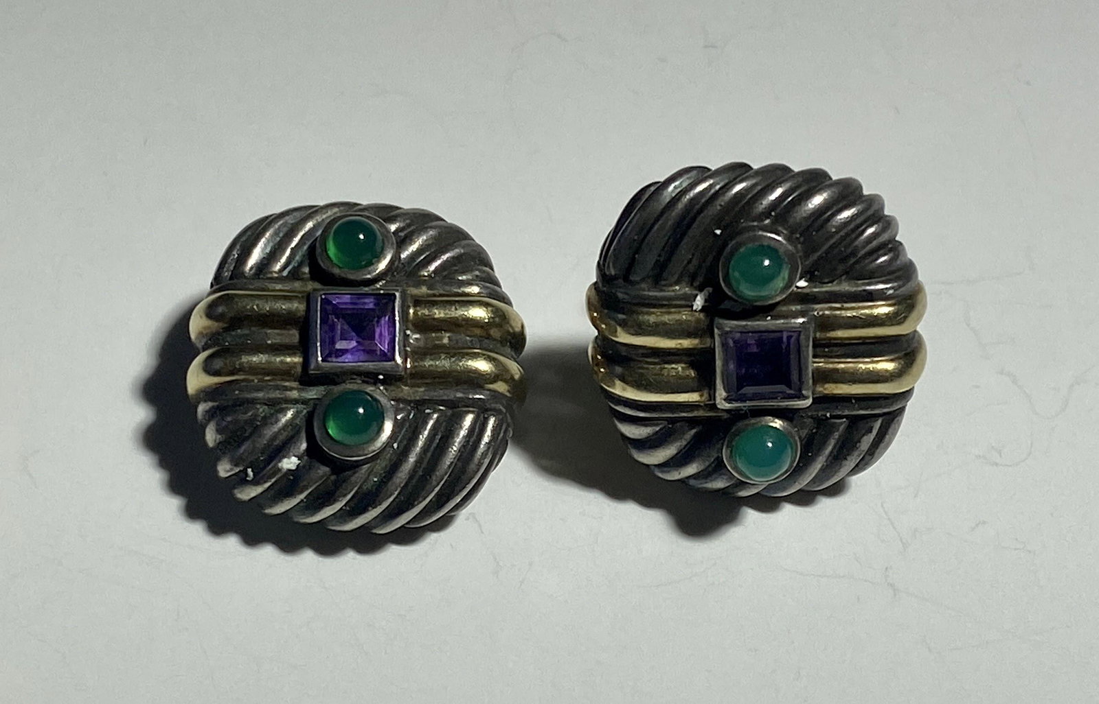 David Yurman Renaissance Collection 14k Gold, Sterling Silver amethyst and Green Onyx: 14k Gold, Sterling Silver, Omega back fastener, Onyx and Amethyst stones.