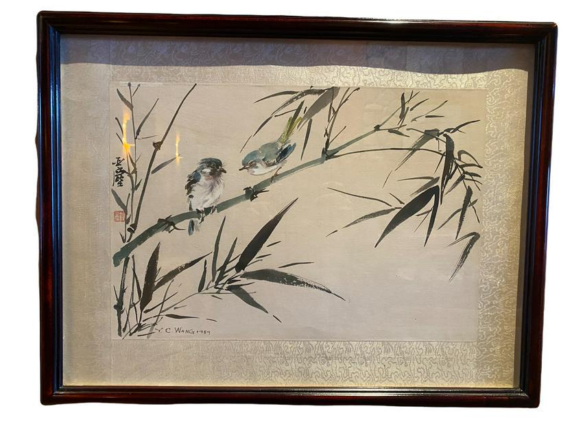 Yachen Wang - Original Signed Watercolor "Untitled" (Birds on Bamboo) (1 of 3)