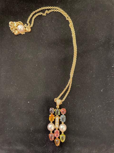 Bulgari Coriandoli Drop 8.5" Necklace: Bulgari Coriandoli Drop 8.5" Necklace w/ 1.5" pendant. Set in 18kt yellow gold.Necklace features 9 semi-precious stones, 3 pearls and 15 round brilliant cut diamonds. The diamonds have a combine weigh
