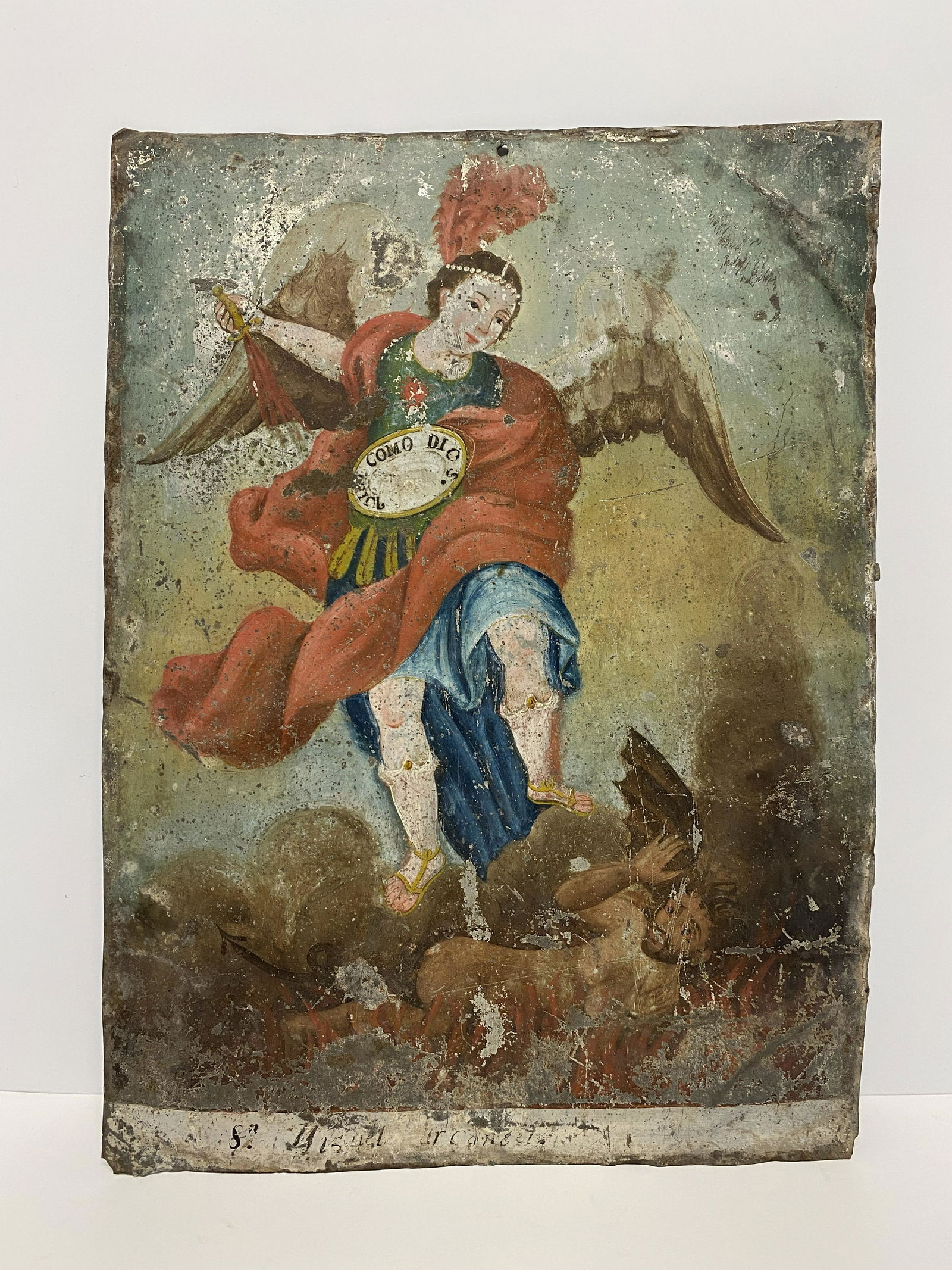 San Miguel (St. Michael) Mexican Retablo Oil on Tin (1 of 5)