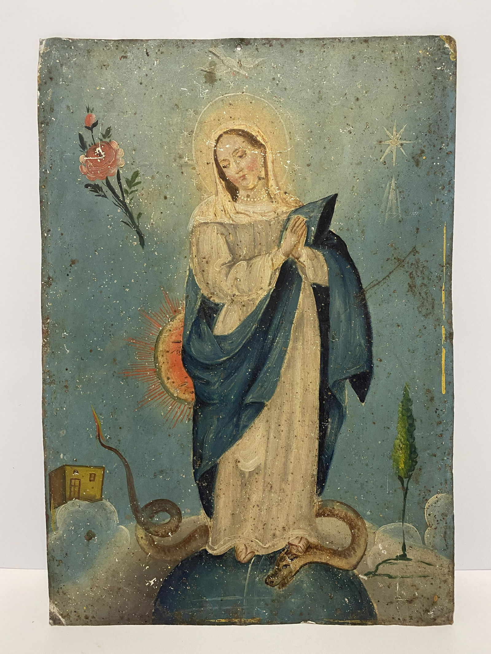 Virgin Mary (Immaculate Conception) Mexican Retablo Oil on Tin (1 of 4)