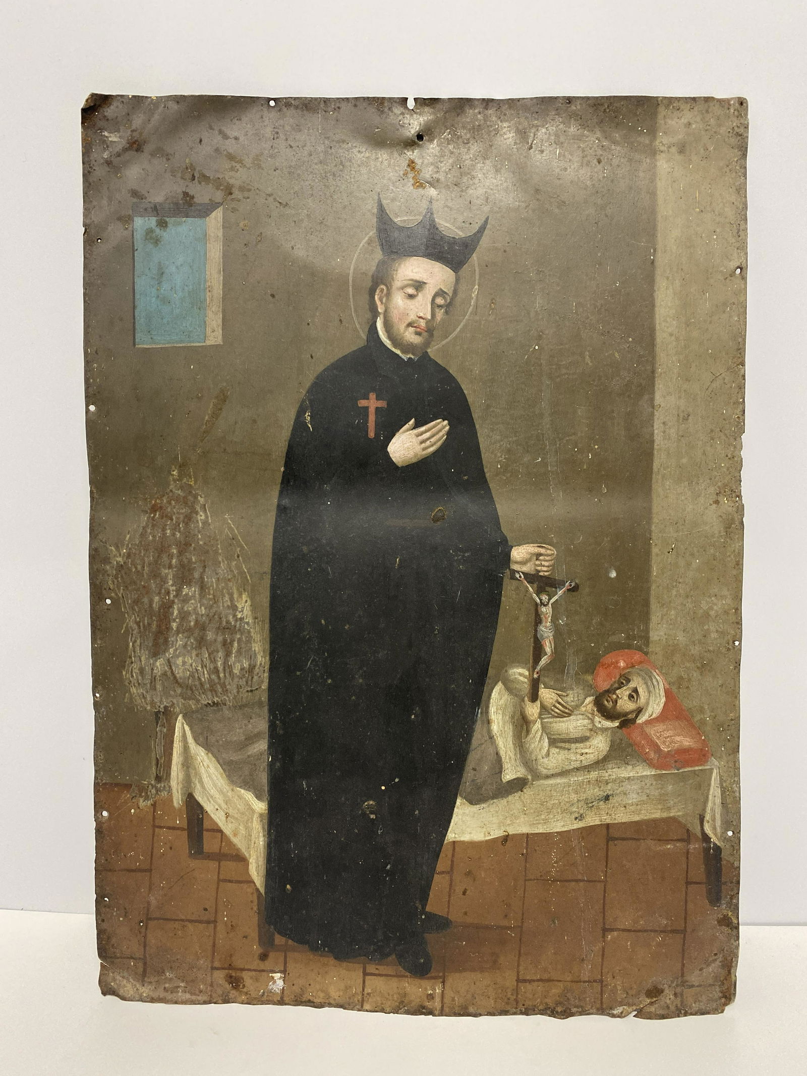 Spanish Colonial Mexican "Saint Camillus de Lellis" Retablo Oil on Tin: Spanish Colonial Mexican "Saint Camillus de Lellis" Retablo Oil on Tin - Depicting Saint Camillus de Lellis (patron of hospitals, nurses, and the sick) praying with a sick man in bed. One hand over hi
