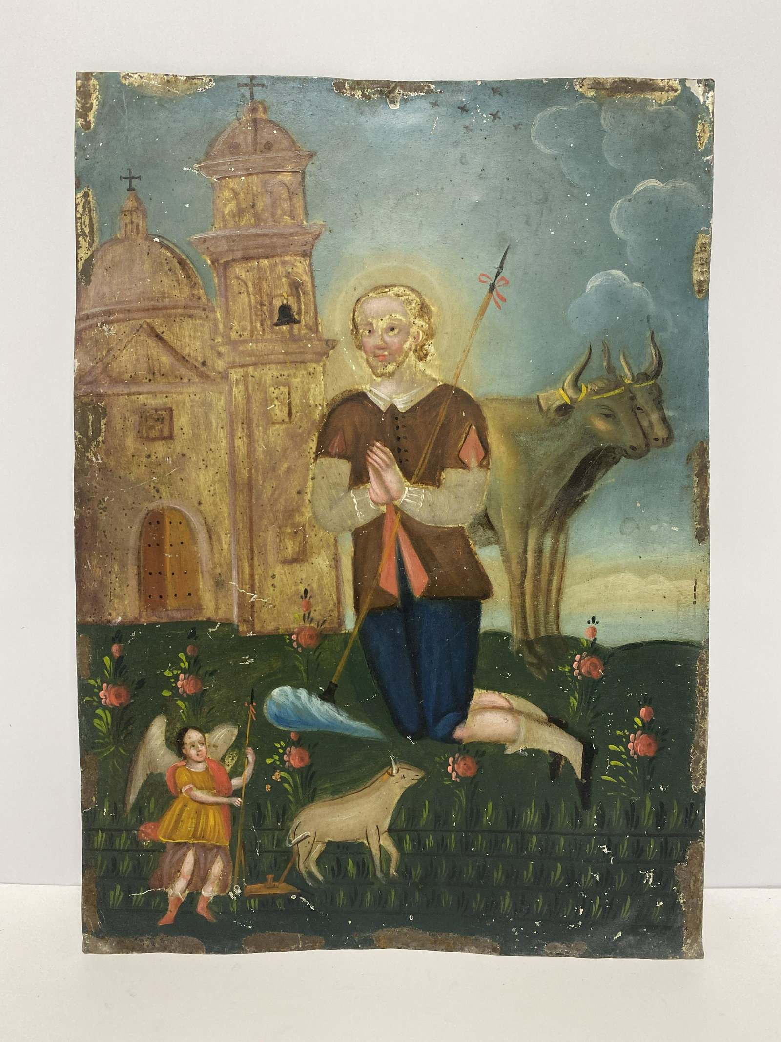 Spanish Colonial Mexican "Good Shephard" Retablo Oil on Tin: Spanish Colonial Mexican "Good Shephard" Retablo Oil on Tin - The allegorical figure of the Good Shepherd was originally based on the pagan representation of a man bringing his offering to the altar b