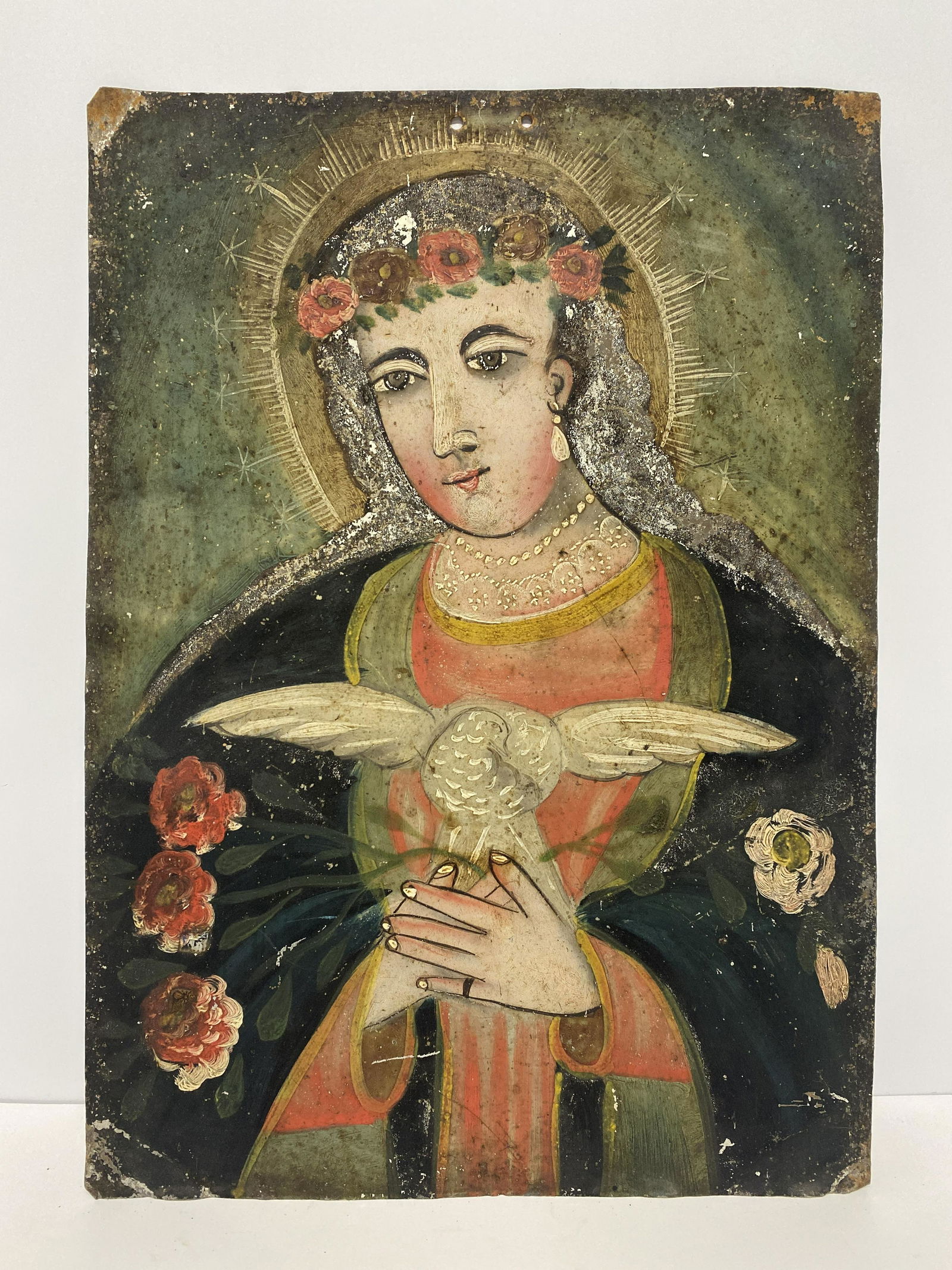 Spanish Colonial Inscribed/Signed "Alma De Maria" Retablo Oil on Tin: Spanish Colonial Inscribed/ Signed "Alma De Maria" Retablo Oil on Tin - Translated in to "Soul of Mary". It captures the mystical descent of the Holy Ghost upon Mary and the announcements of the Incar