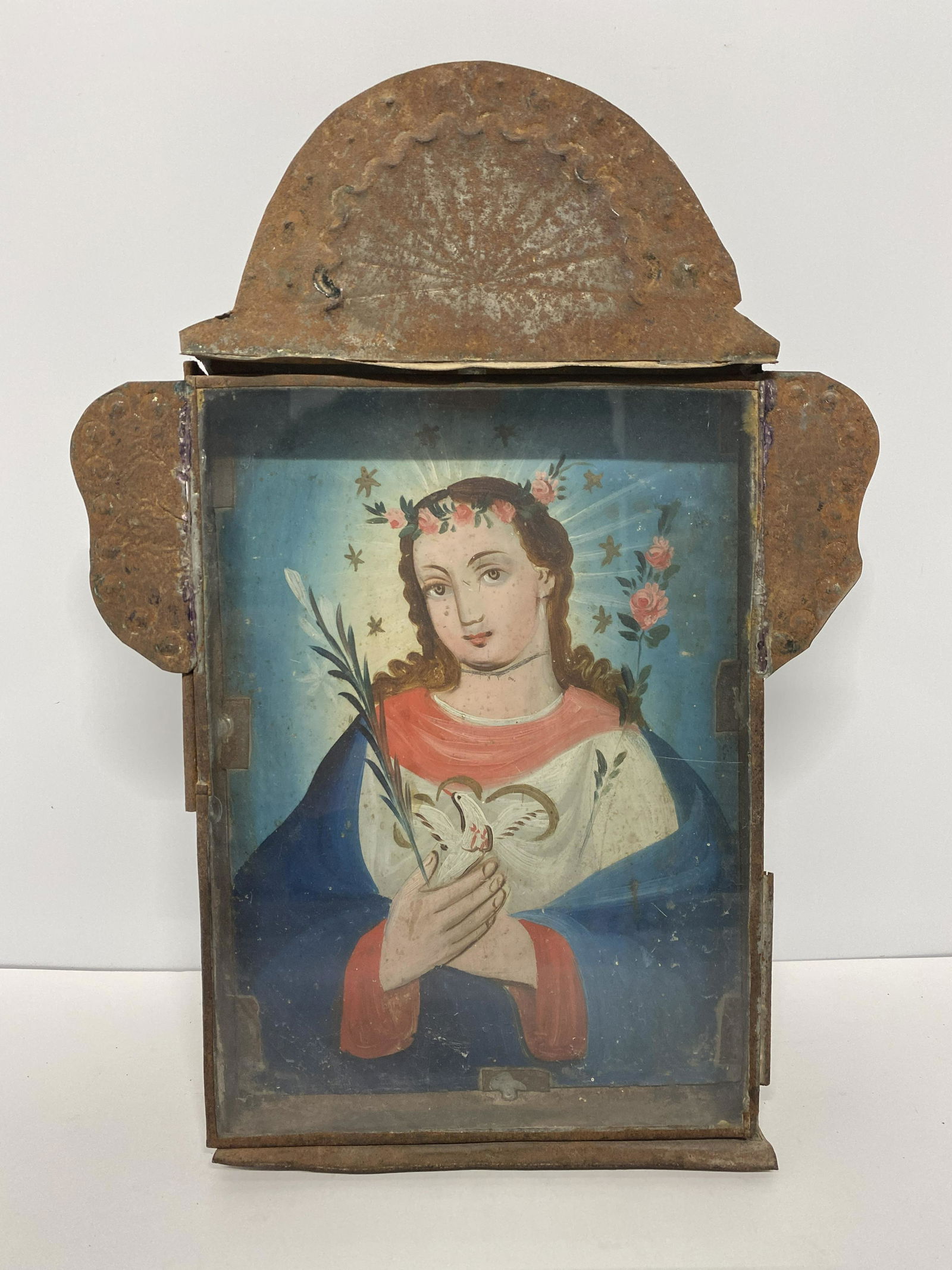 Spanish Colonial "Sagrado Corazon" Retablo Oil on Tin (1 of 4)