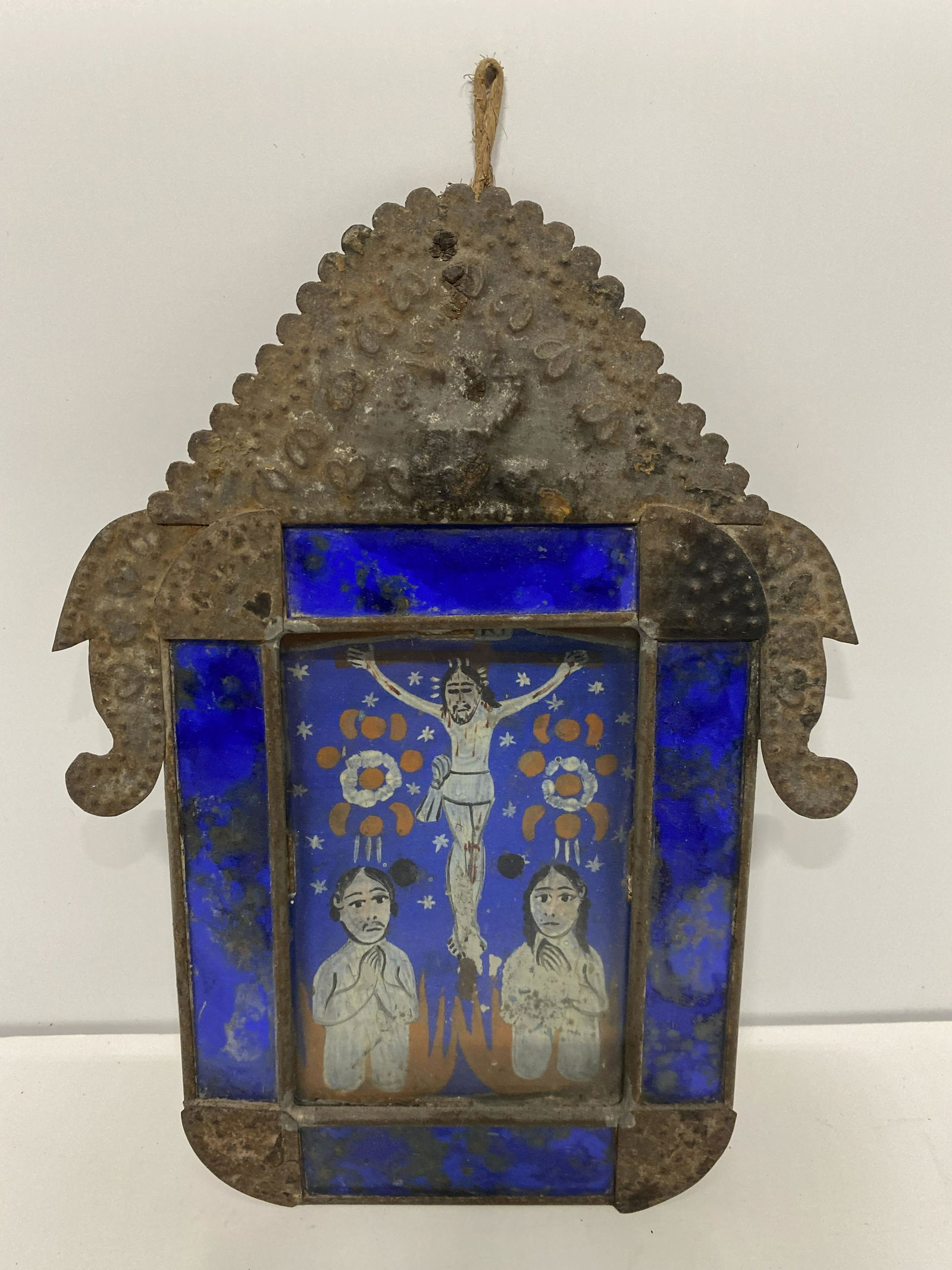 Spanish Colonial "Crucifix" Retablo Oil on Tin (1 of 3)