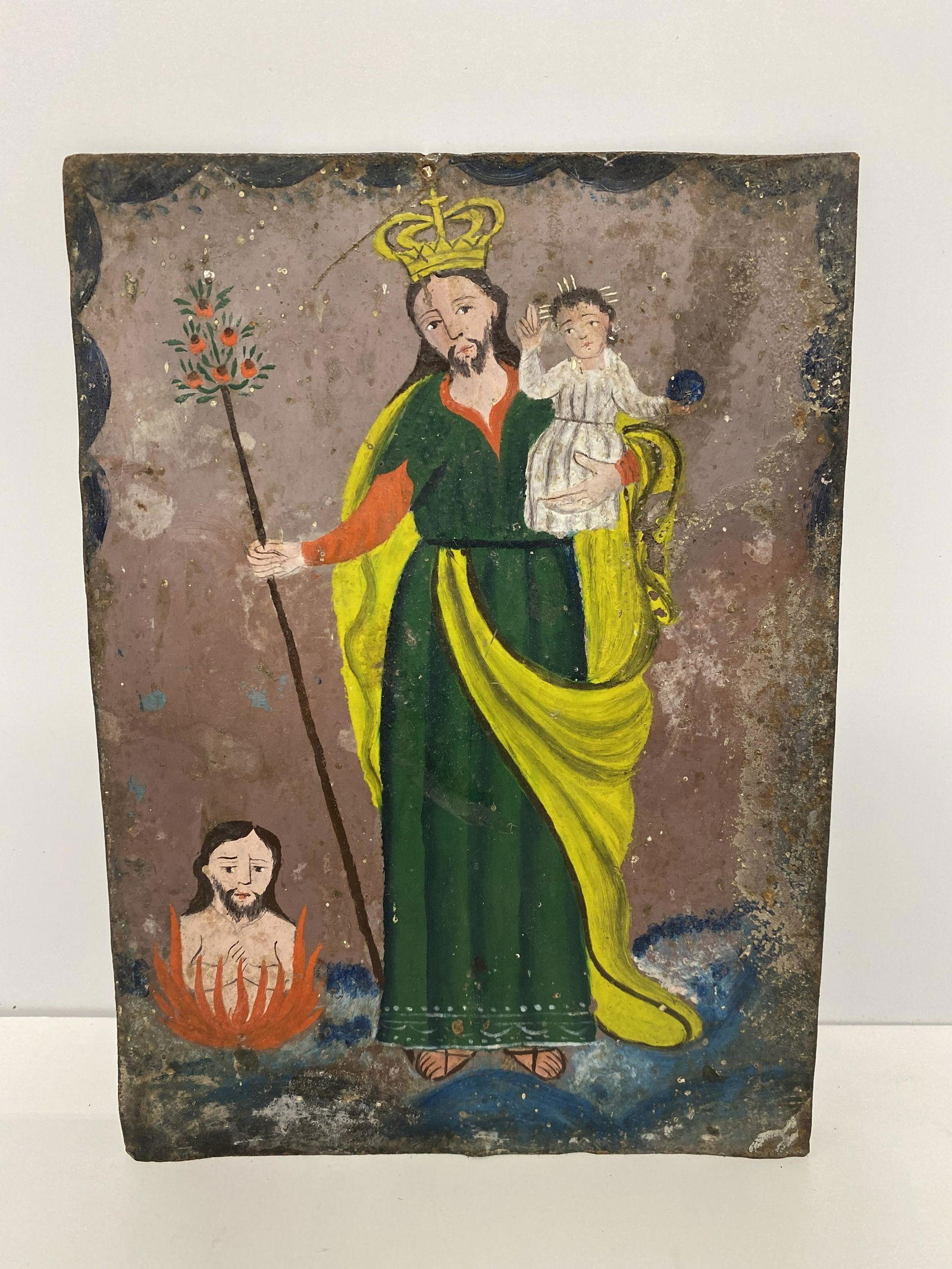 Spanish Colonial Mexican "St. Joseph w/ Child" Retablo Oil on Tin (1 of 3)