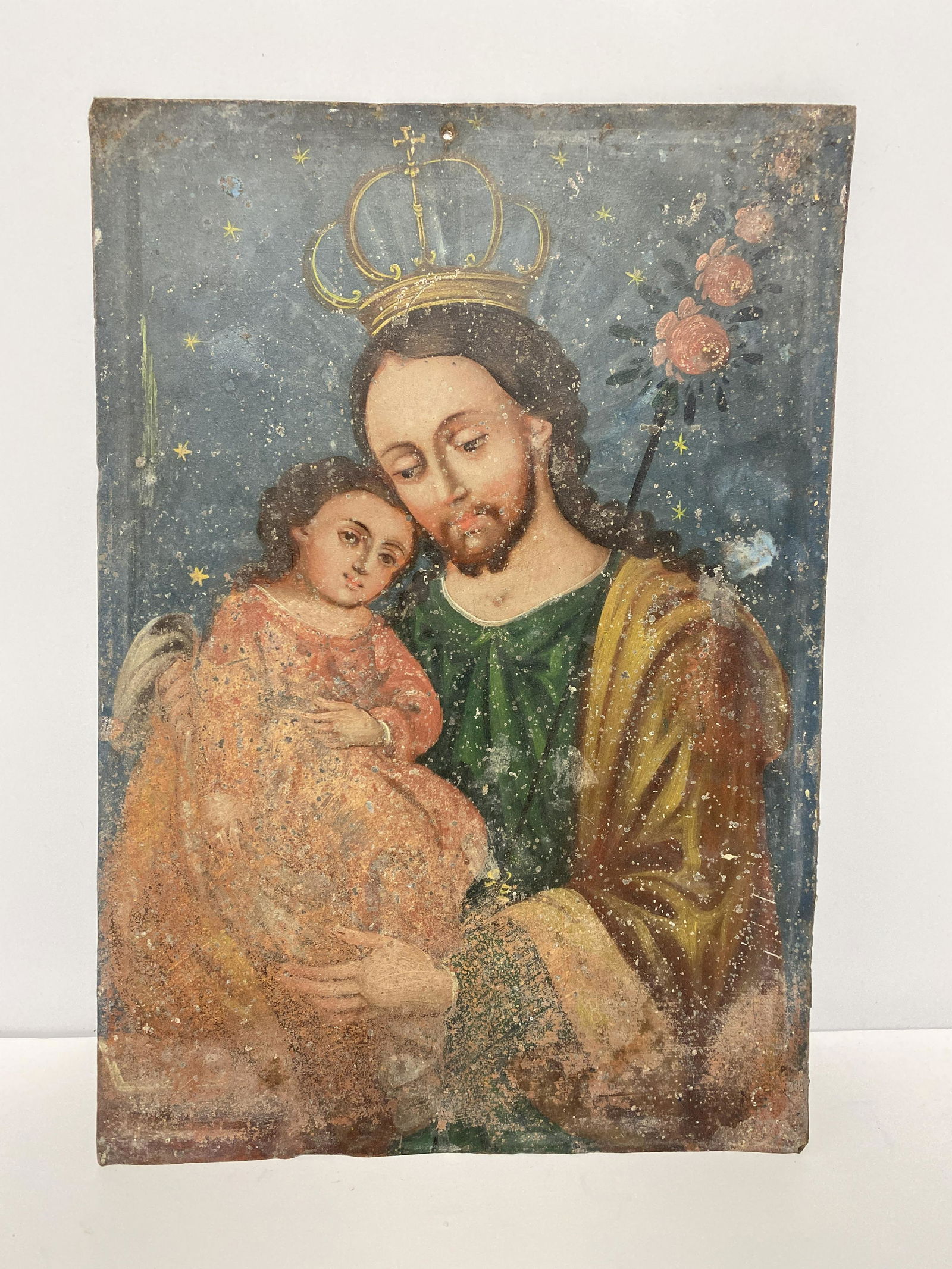 Spanish Colonial Mexican "St. Joseph w/ Child" Retablo Oil on Tin (1 of 3)