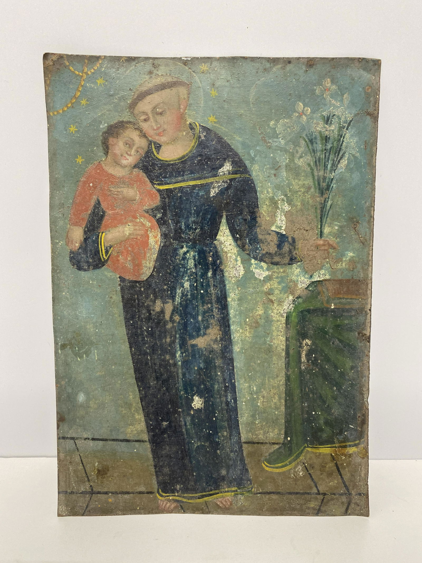 Spanish Colonial Mexican "St. Anthony w/ Child" Retablo Oil on Tin (1 of 3)