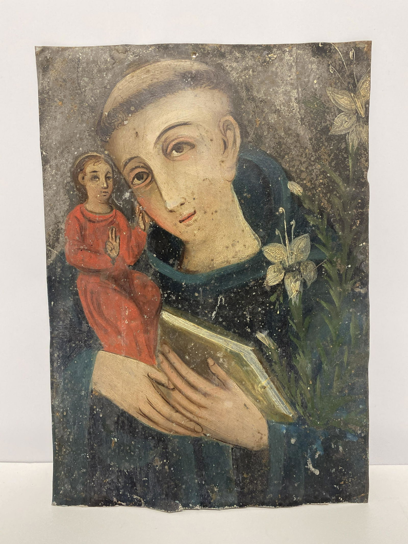 Spanish Colonial Mexican "St. Anthony w/ Child" Retablo Oil on Tin (1 of 3)