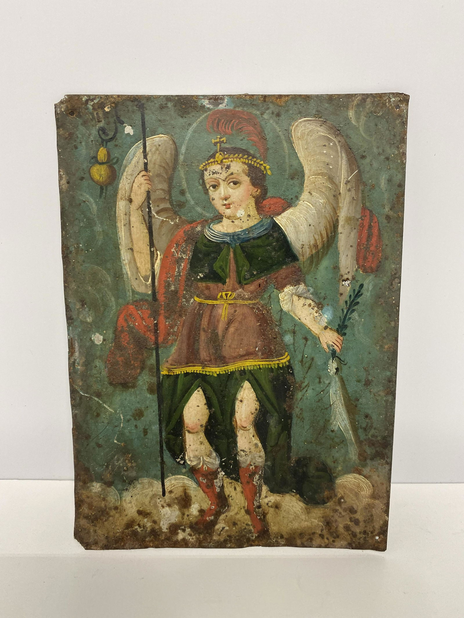 Spanish Colonial Mexican "St. Raphael" Retablo Oil on Tin (1 of 3)