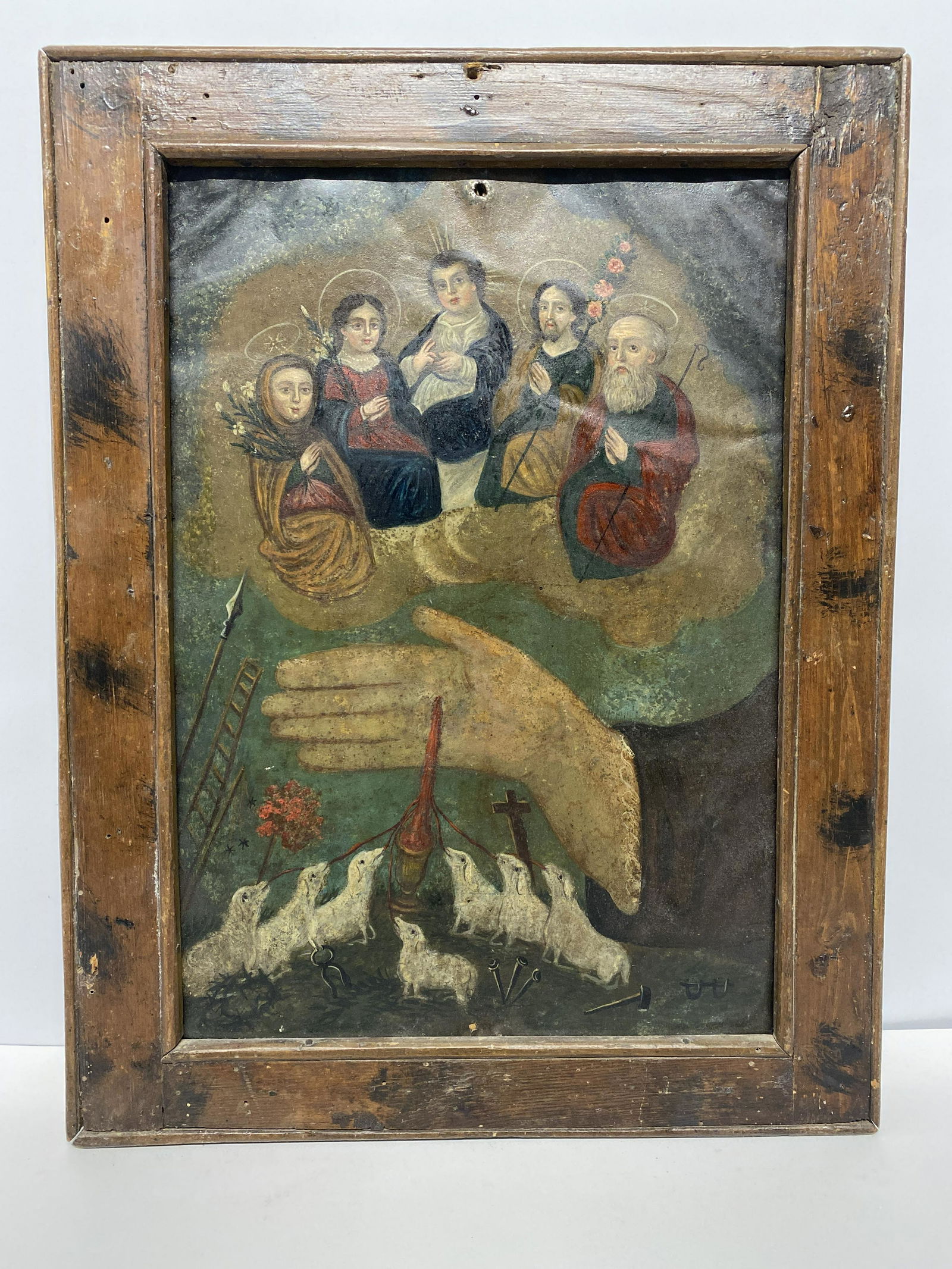Spanish Colonial "Omnipotent Powerful Hand" Retablo Oil on Tin (1 of 3)