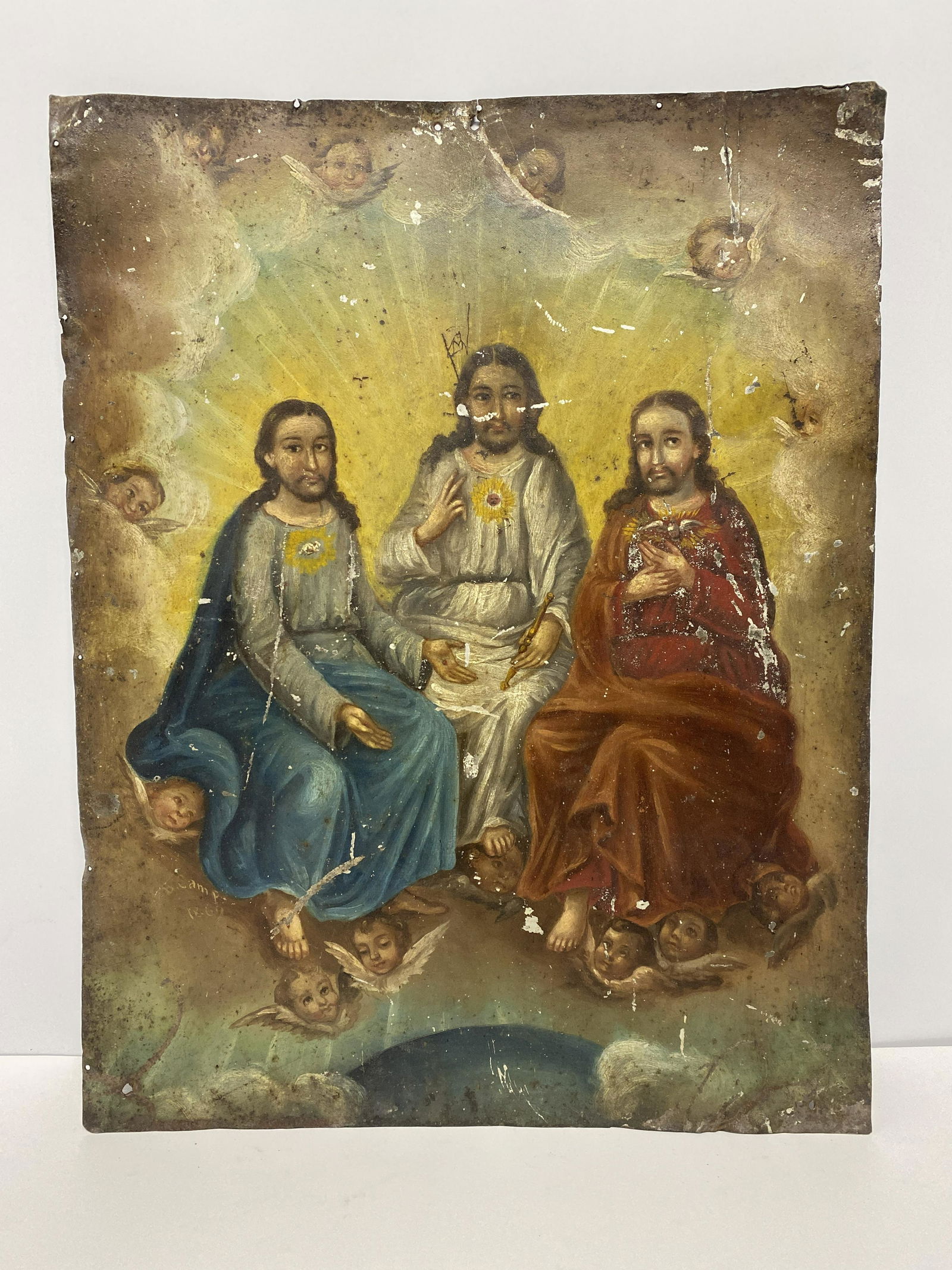 Spanish Colonial "Santisima Trinidad" Retablo Oil on Tin (1 of 3)