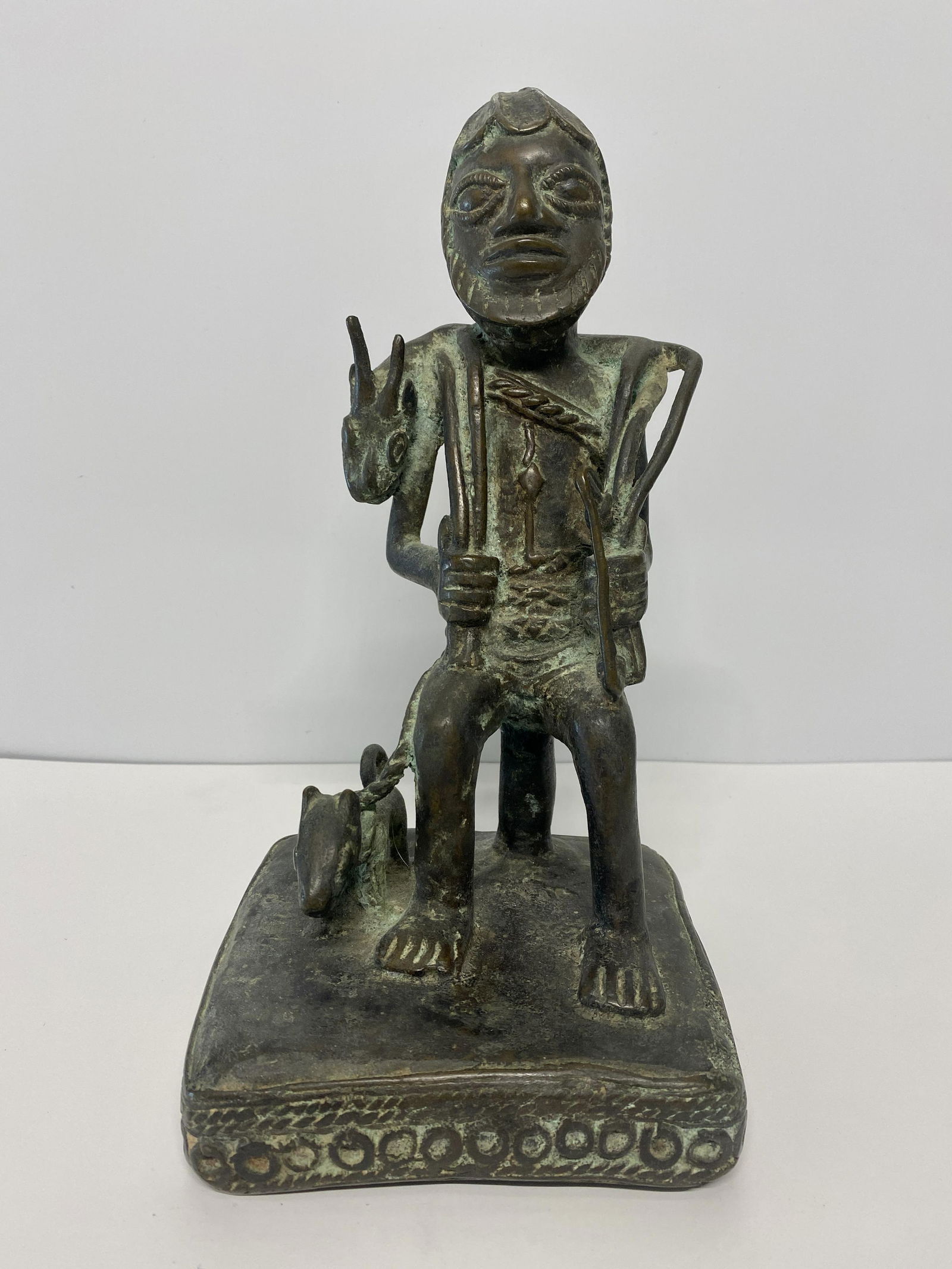 Benin African Bronze Seated Hunter W/ Dog Statue (1 of 5)