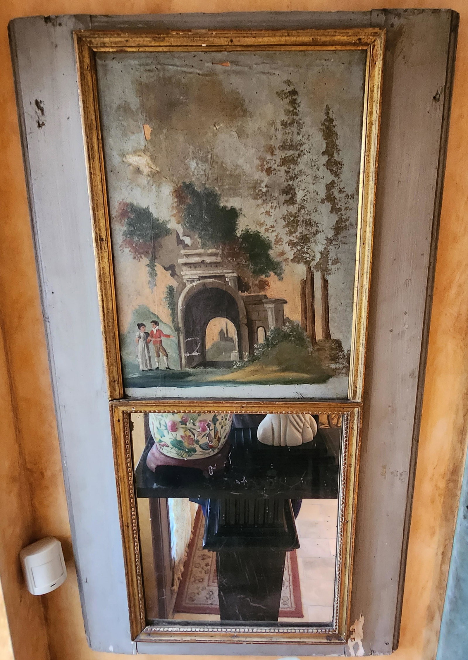 Trumeau Mirror with Painting of Archway and a couple: From the Estate of Sonia Rivelli a prominent art collector from Beverly Hills. Mrs. Rivelli curated an extensive antique store on Rodeo Drive, Wallace & Jiavis Antiques. This piece comes from her priv
