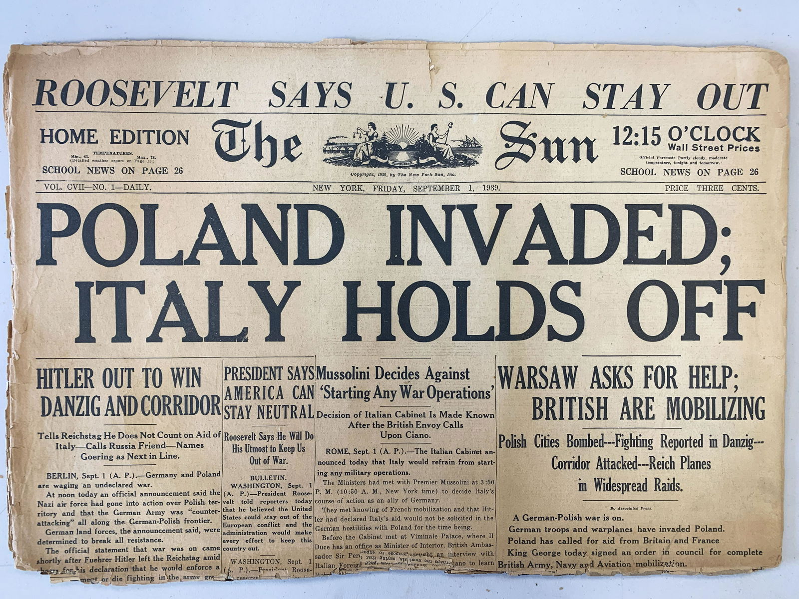1939 Newspaper The SUN WW II Poland Invaded: The Sun Original Vintage Newspaper - Friday September 1st 1944 - WWII Poland Invaded. 11x17 inches