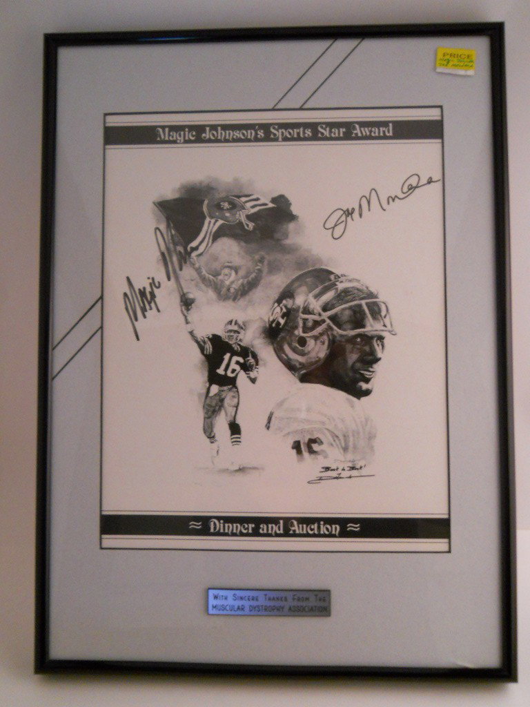 MAGIC JOHNSON, JOE MONTANA SIGNED CHARITY AWARD: Magic Johnson and Joe Montana double signed charity award for the Muscular Dystrophy Association Approx. 16"H x 11.5"W
