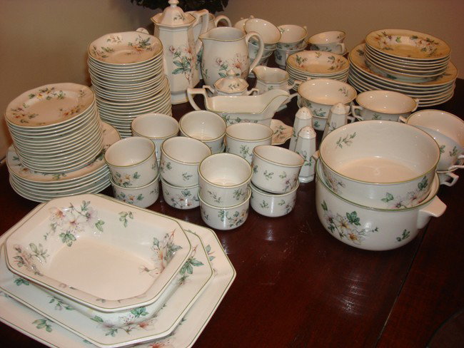 ADAMS ENGLISH IRONSTONE CHINA 136pc SET "AZALEA": This 133pc set includes: 9 tea cups and 14 tea saucers, 14 souffle cups and 13 underplates, 7 cream soup bowls, 6 soup bowls, 7 large and 7 small dinner plates, 15 dessert plates and 10 dessert bowls,