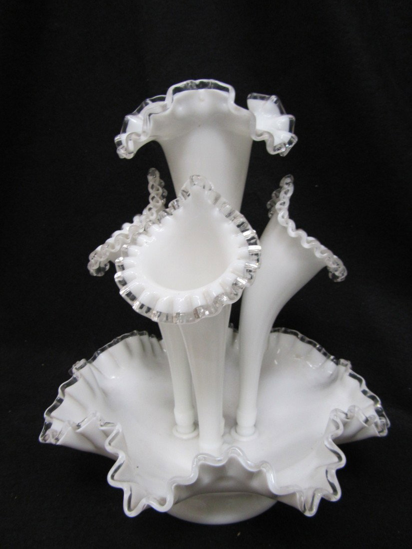 VINTAGE FENTON ART GLASS SILVER CREST EPERGNE: FROM THE RENOWN VIOLINIST, SHONY ALEX BRAUN ESTATE, FENTON ART GLASS SILVER CREST EPERGNE, CLEAR MOLTEN GLASS OVER MILK GLASS, FROM THE 1960s APPROX. 14"HIGH X 11"WIDE