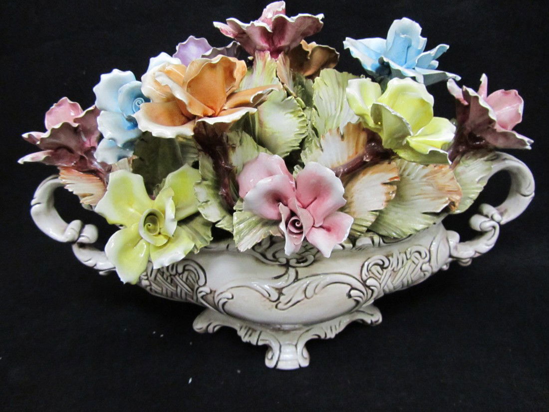 CAPODIMONTE FLORAL CENTERPIECE: FROM RENOWN VIOLINIST, SHONY ALEX BRAUN ESTATE, CAPODIMONTE FLORAL PORCELIEN CENTERPIECE, STAMPED AND MARKED "P/47" APPROX 18"WIDE X 12"WIDE, 12.5"HIGH