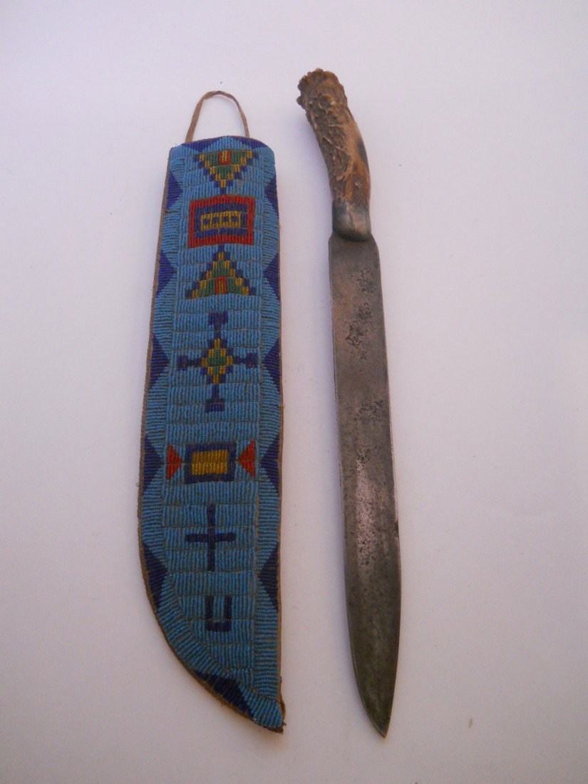 LARGE BONE HANDLE , KNIFE 16 INCH, SEED BEADED CASE: KNIFE AND SEED BEADED SINEW SEWN CASE RARE AUTHENTIC COLLECTIBLE HUNTING KNIFE VERY OLD ,LATE 1800s EARLY 1900s ,KNIFE SHEATH APPROX. 13.5" LONG X 3"WIDE KNIFE APPROX 16.5"LONG X 1.5"WIDE
